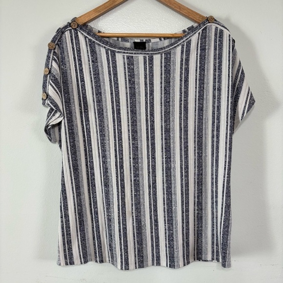 W5 Navy/White Striped Rayon Button Sleeve Blouse Top Size L - Picture 1 of 4